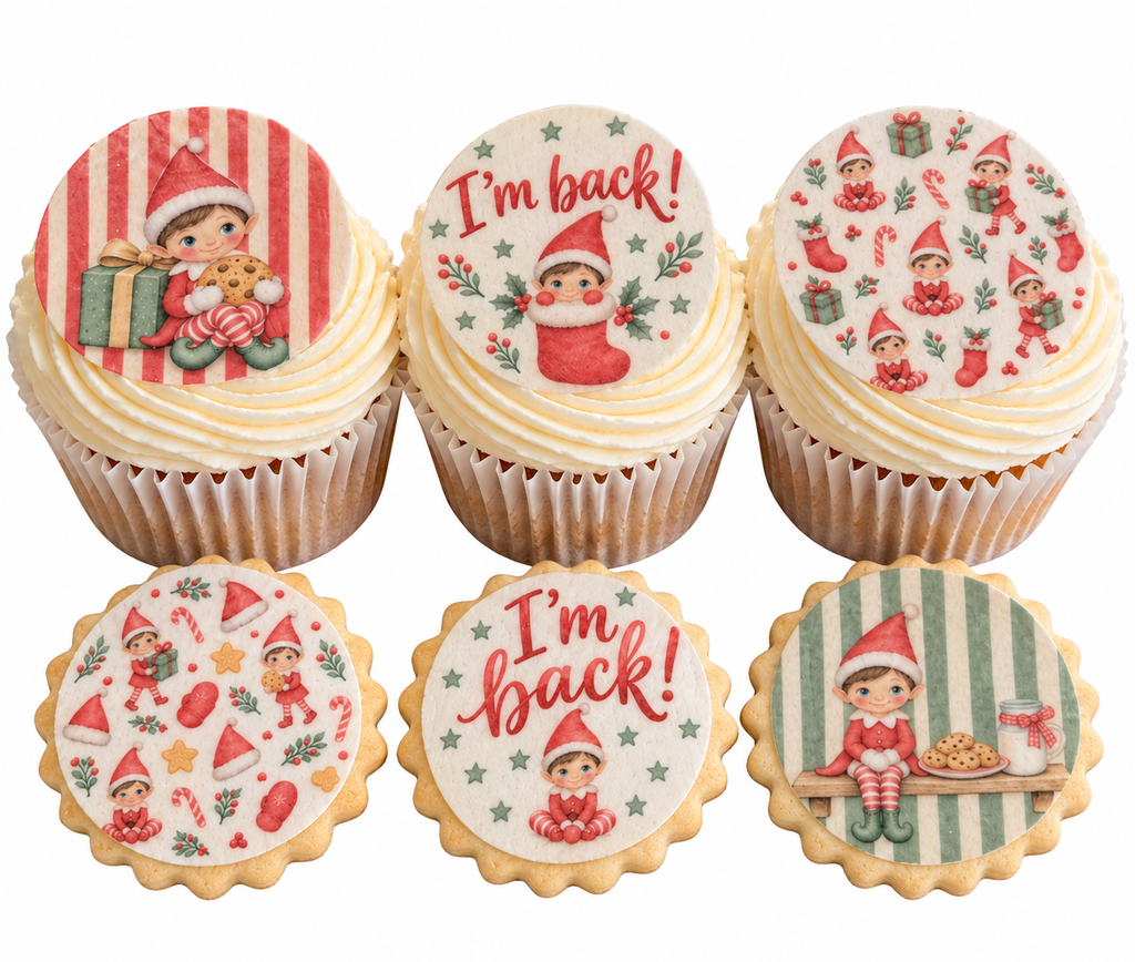 Elf Christmas Edible Toppers | Elf on the shelf cupcake & Biscuit Decorations | I'm Back North Pole Breakfast Elf