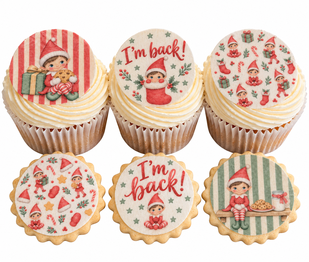 Elf Christmas Edible Toppers | Elf on the shelf cupcake & Biscuit Decorations | I'm Back North Pole Breakfast Elf