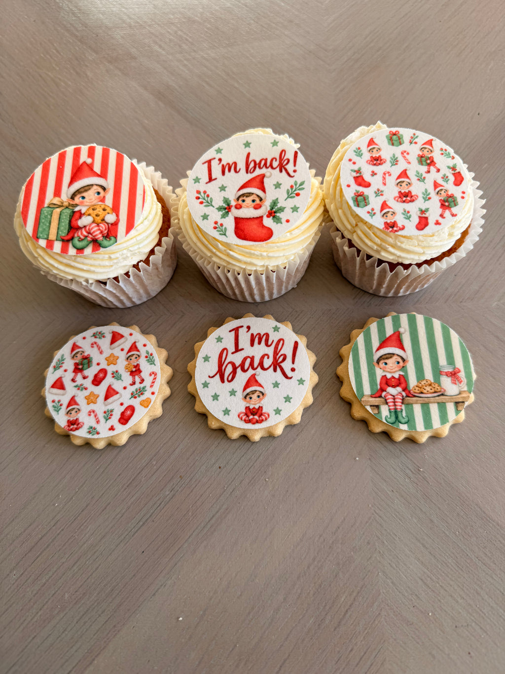 Elf Christmas Edible Toppers | Elf on the shelf cupcake & Biscuit Decorations | I'm Back North Pole Breakfast Elf
