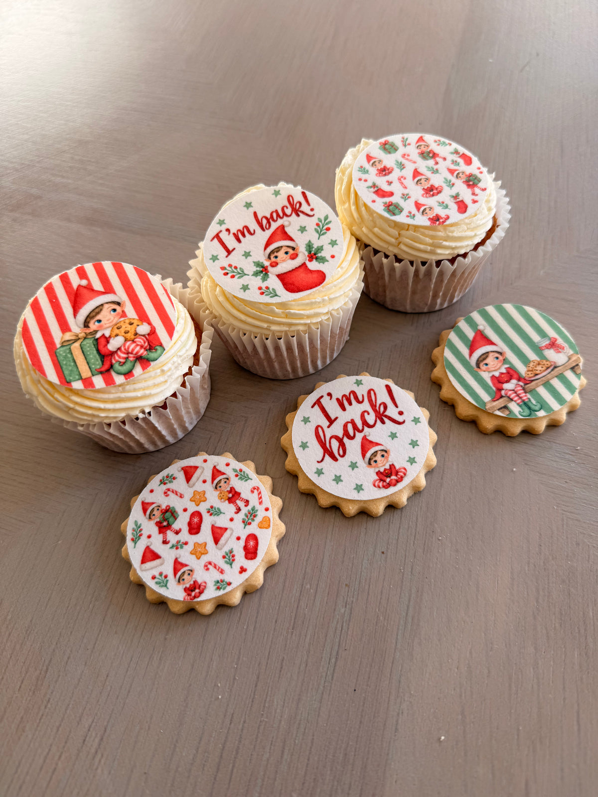 Elf Christmas Edible Toppers | Elf on the shelf cupcake & Biscuit Decorations | I'm Back North Pole Breakfast Elf