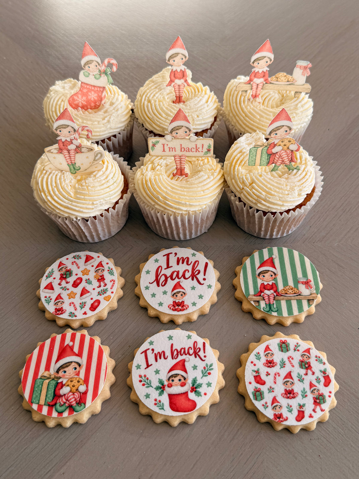 Elf Christmas Cupcake Toppers and I'm Back Christmas Elf Edible Cupcake Toppers, Festive Wafer Card Cake Decorations