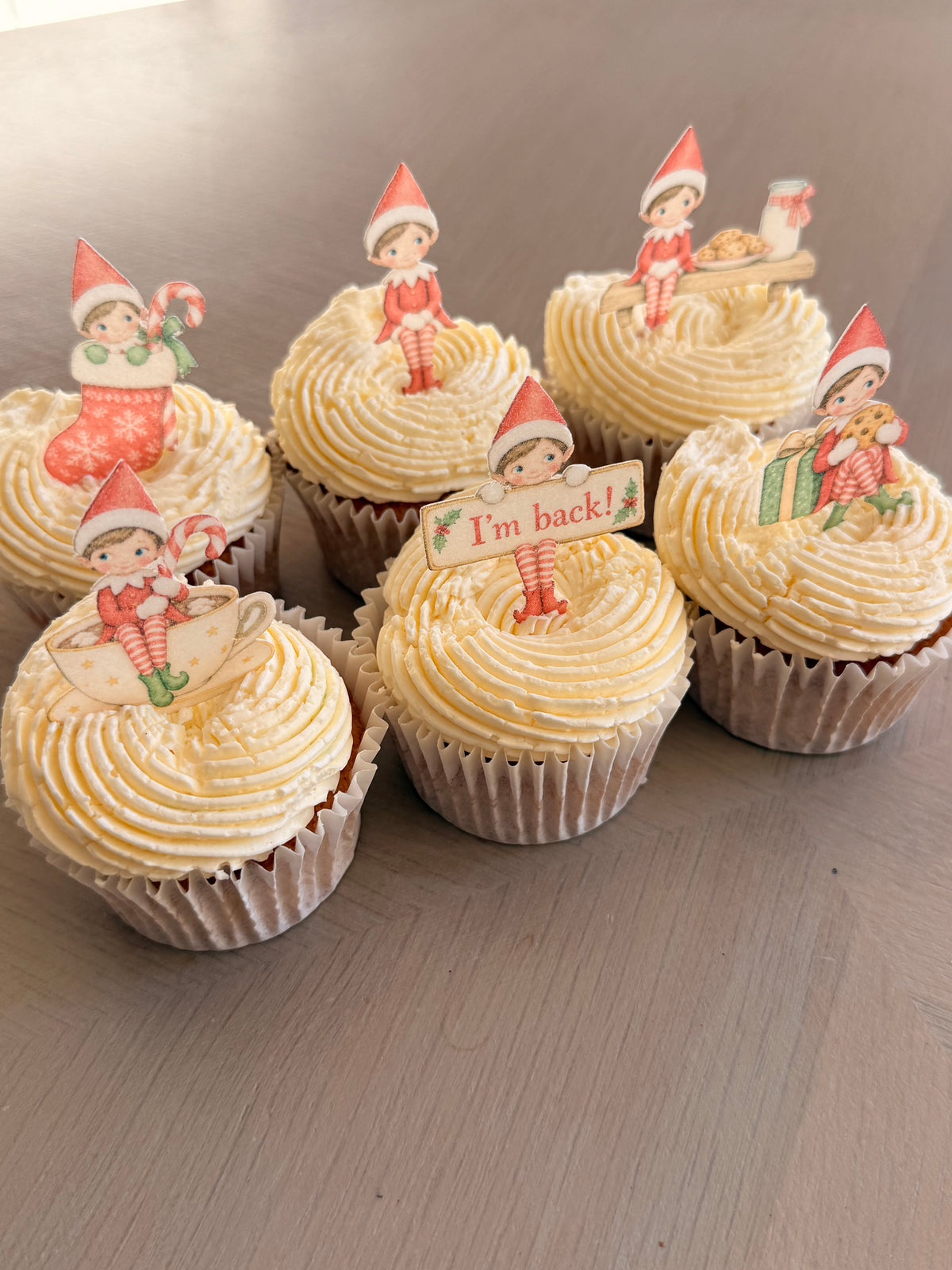 Elf Christmas Cupcake Toppers and I'm Back Christmas Elf Edible Cupcake Toppers, Festive Wafer Card Cake Decorations