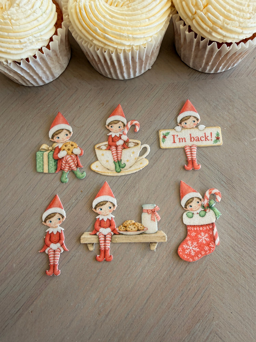 Elf Christmas Cupcake Toppers and I'm Back Christmas Elf Edible Cupcake Toppers, Festive Wafer Card Cake Decorations