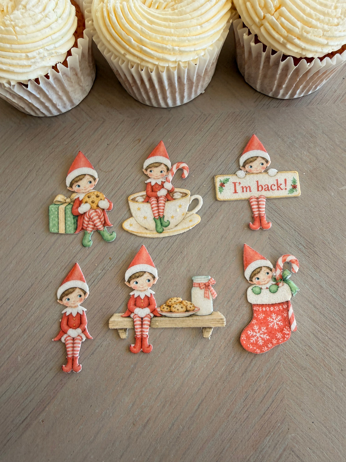 Elf Christmas Cupcake Toppers and I'm Back Christmas Elf Edible Cupcake Toppers, Festive Wafer Card Cake Decorations