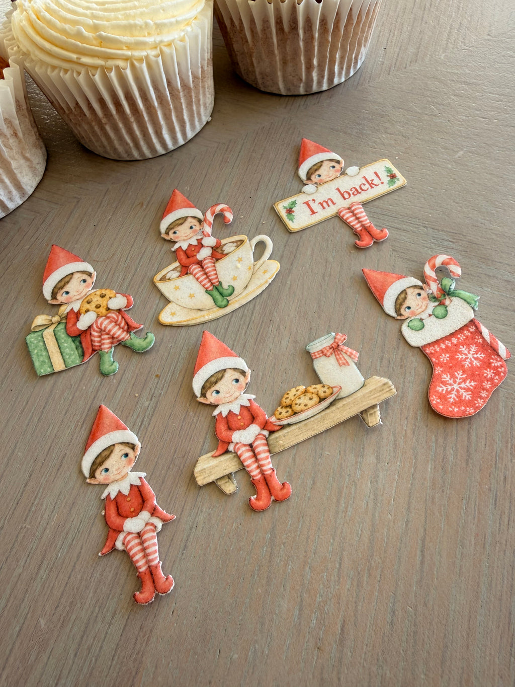 Elf Christmas Cupcake Toppers and I'm Back Christmas Elf Edible Cupcake Toppers, Festive Wafer Card Cake Decorations
