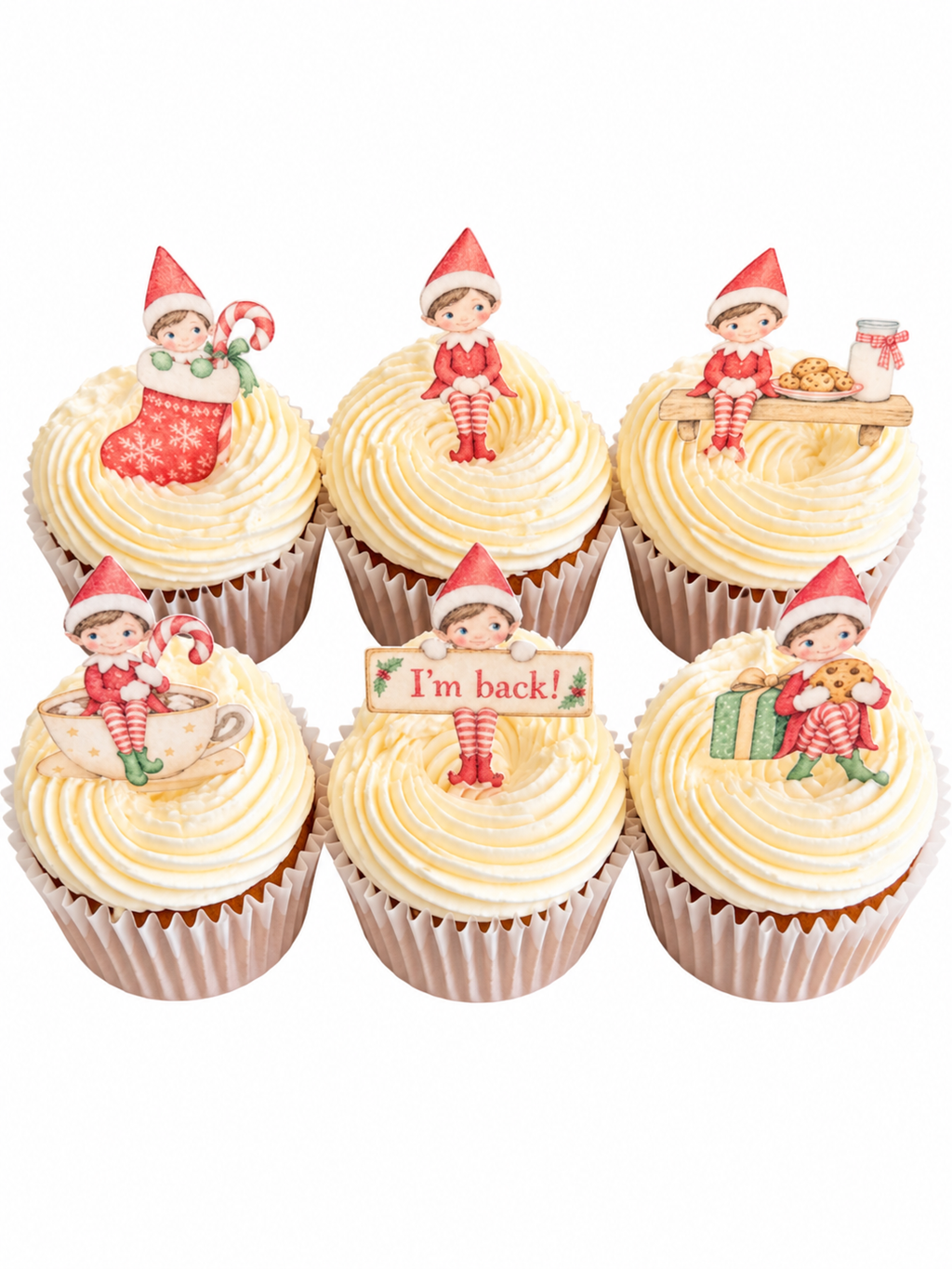Elf Christmas Cupcake Toppers and I'm Back Christmas Elf Edible Cupcake Toppers, Festive Wafer Card Cake Decorations