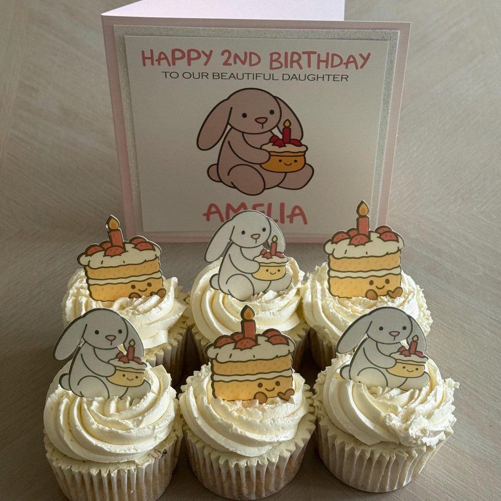 Bunny & Cake Edible Cupcake Toppers, Optional Birthday Card