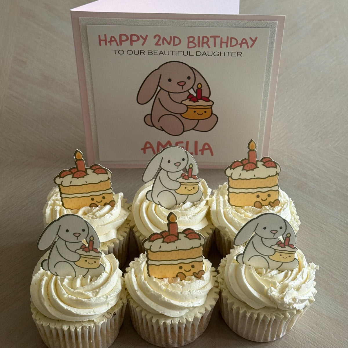 Bunny & Cake Edible Cupcake Toppers, Optional Birthday Card