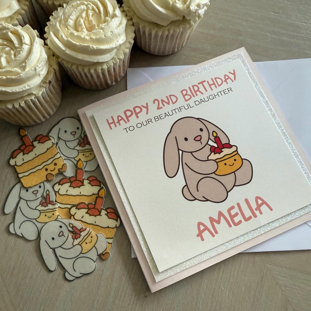 Bunny & Cake Edible Cupcake Toppers, Optional Birthday Card