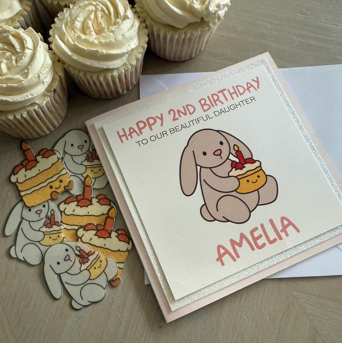 Bunny & Cake Edible Cupcake Toppers, Optional Birthday Card