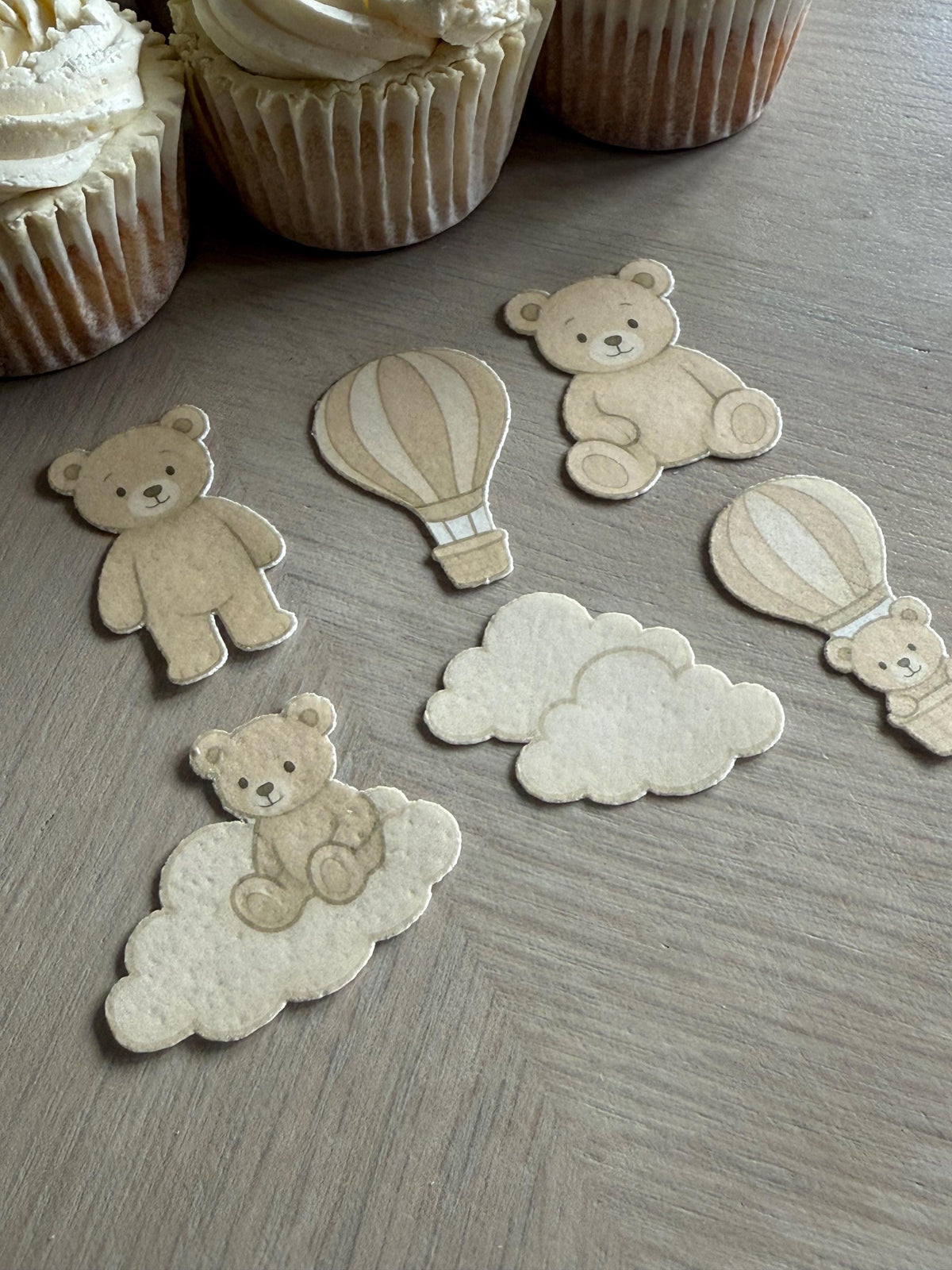 Neutral Teddy Bear Edible Wafer Card Cupcake Toppers