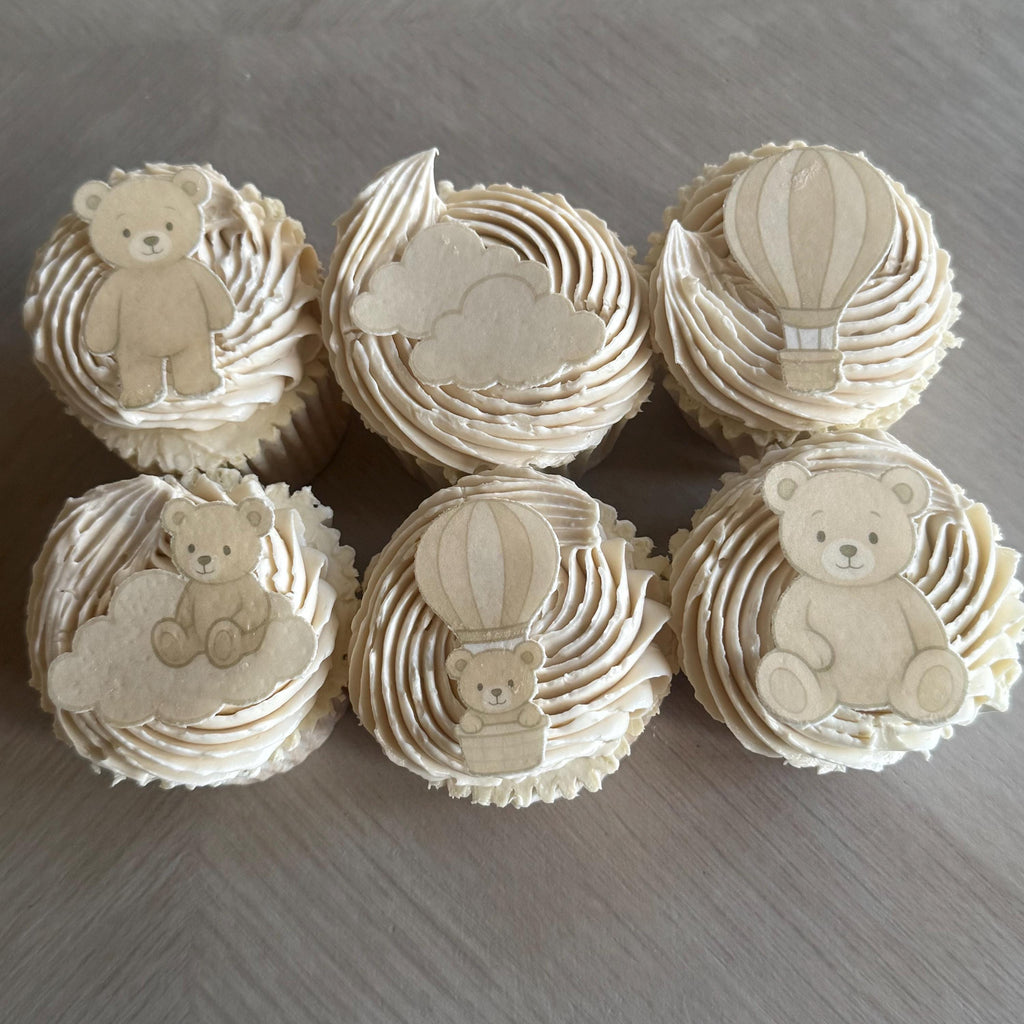 Neutral Teddy Bear Edible Wafer Card Cupcake Toppers
