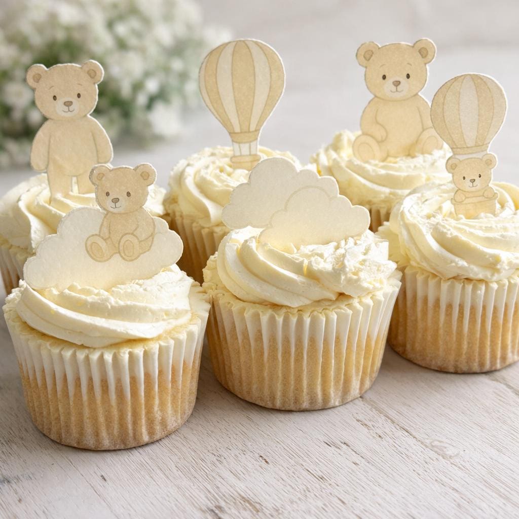 Neutral Teddy Bear Edible Wafer Card Cupcake Toppers