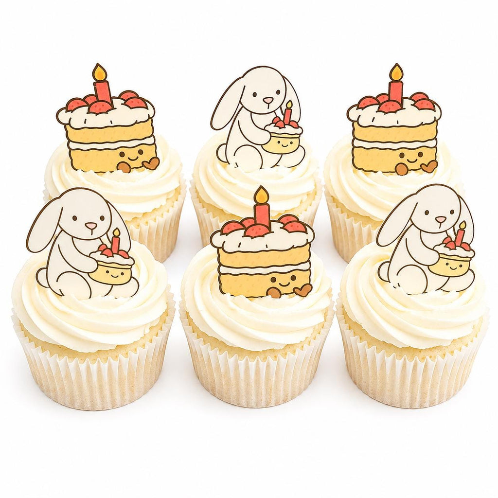 Bunny & Cake Edible Cupcake Toppers, Optional Birthday Card