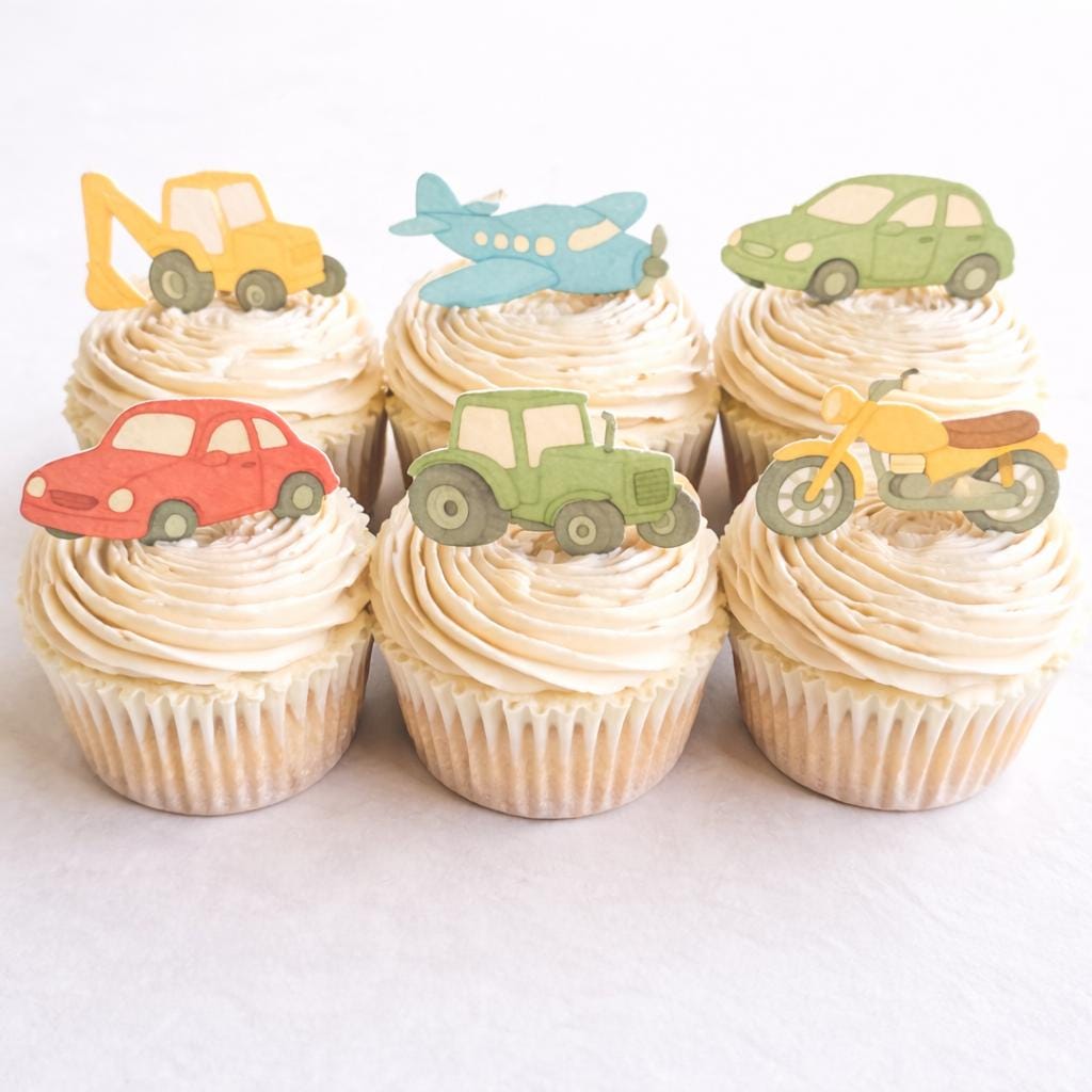 Transport Edible Cupcake Toppers, Cars, Tractors & Planes