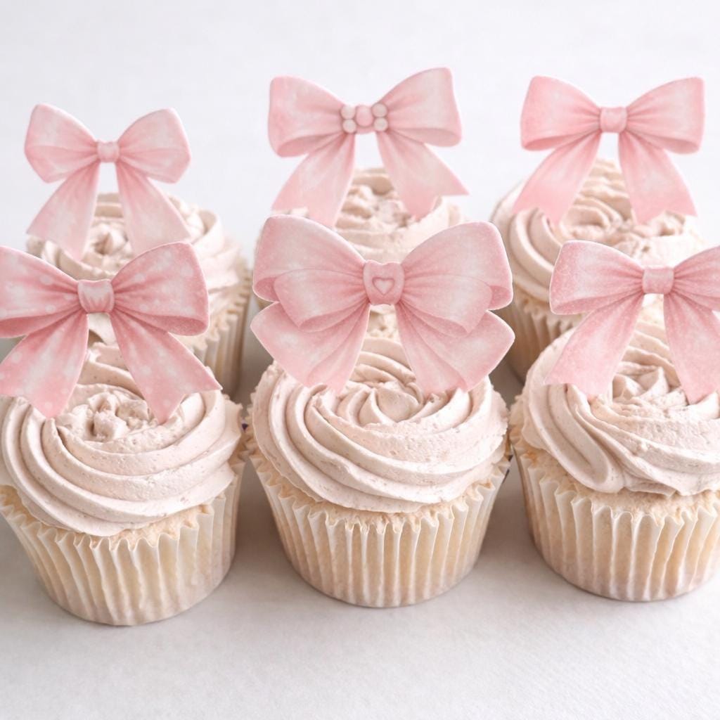Pink Bow Edible Wafer Card Cupcake Toppers