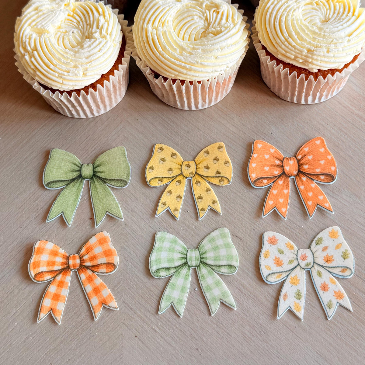 Autumn Bow Edible Cupcake Toppers, Sage & Orange