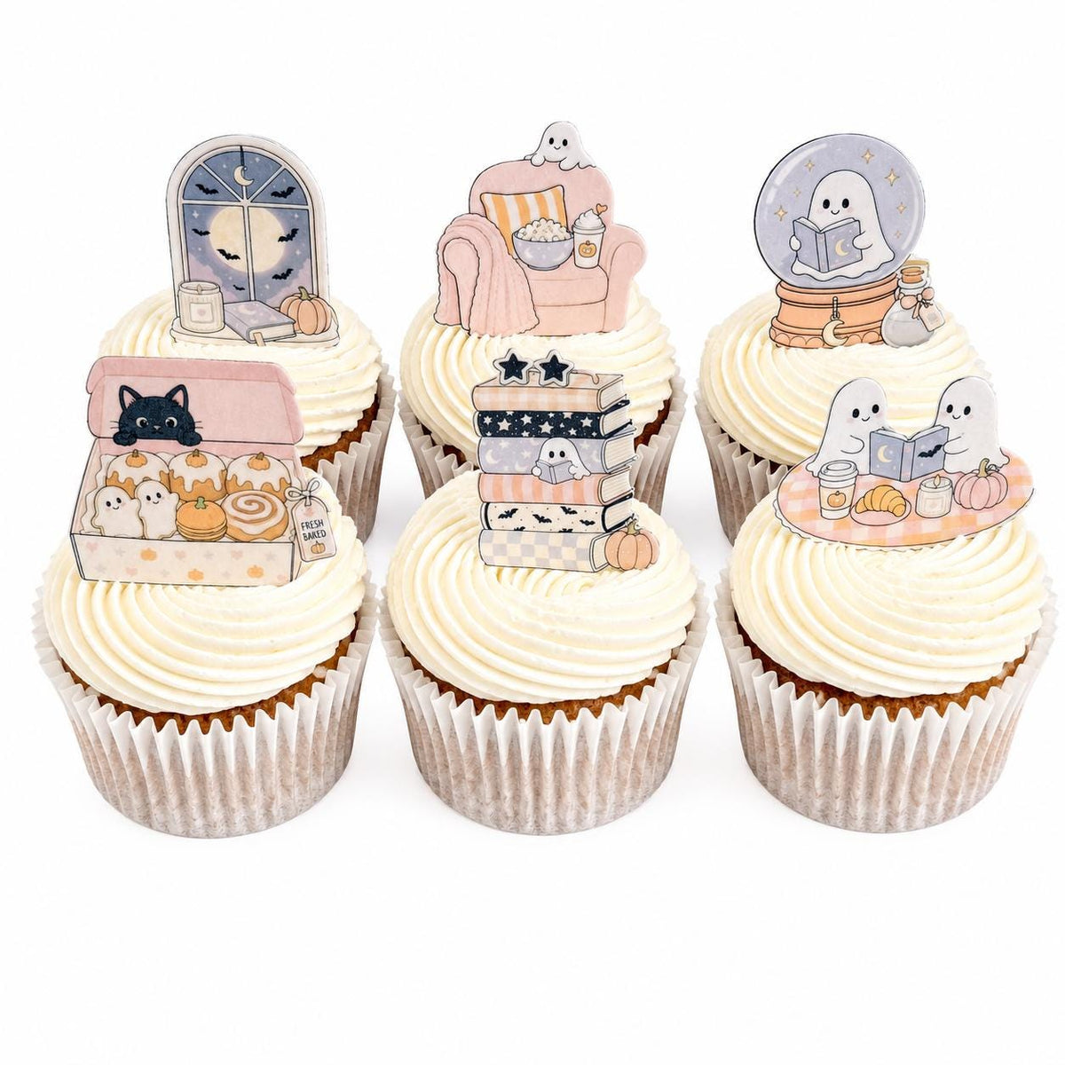 Cosy Ghost Edible Cupcake Toppers, Bookish Halloween