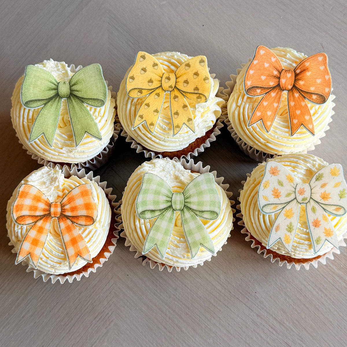 Autumn Bow Edible Cupcake Toppers, Sage & Orange