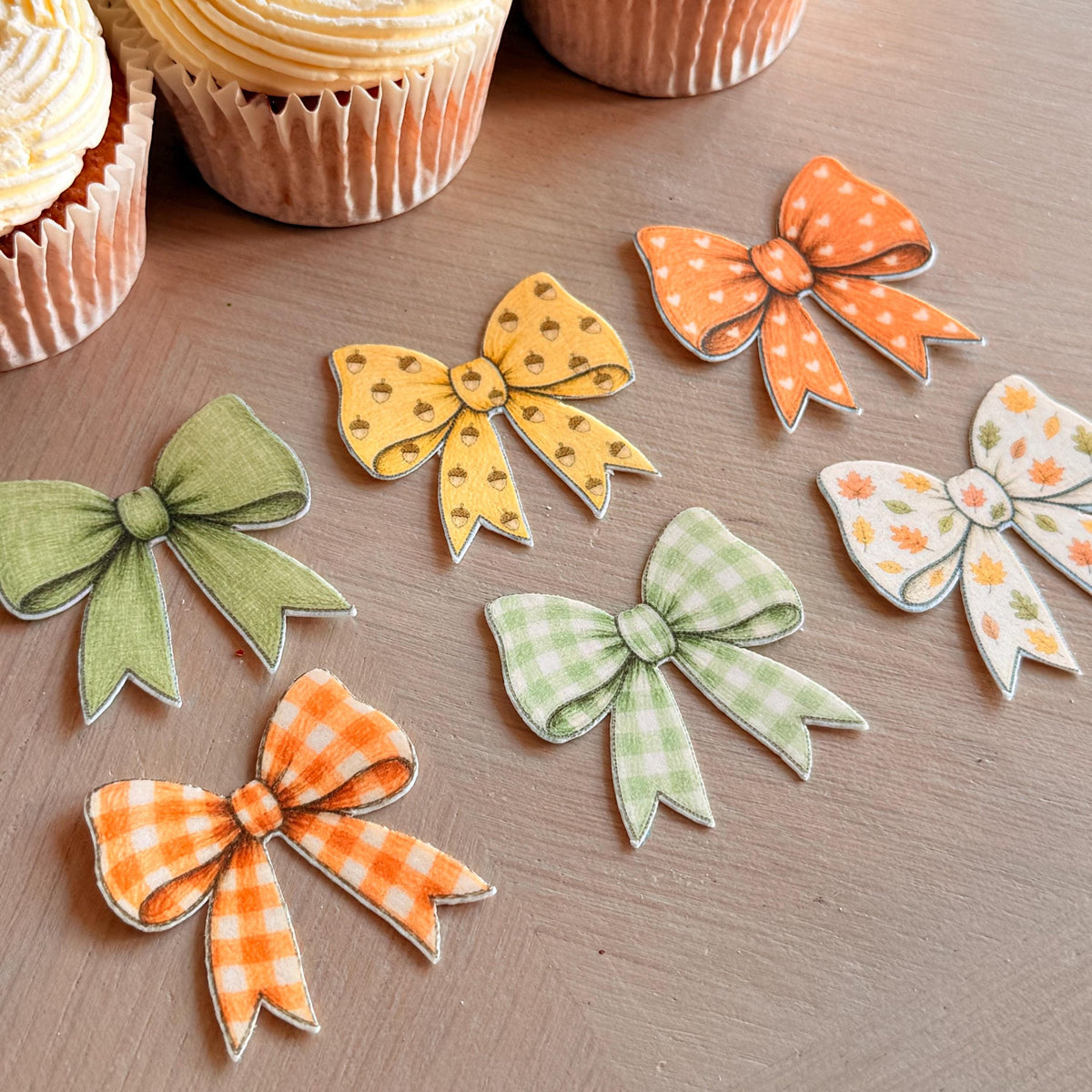 Autumn Bow Edible Cupcake Toppers, Sage & Orange