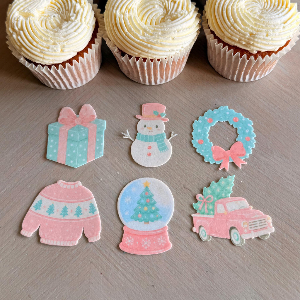 Pink Christmas Edible Wafer Card Cupcake Toppers