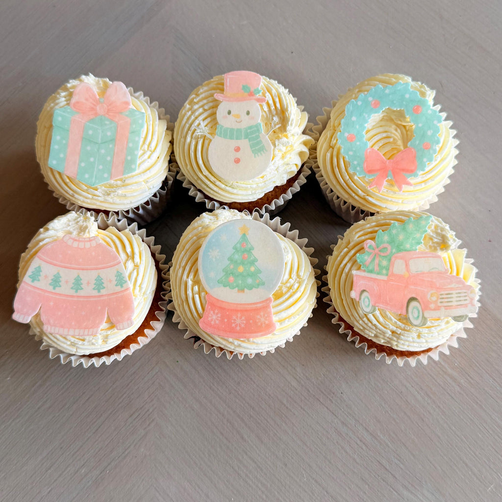 Pink Christmas Edible Wafer Card Cupcake Toppers