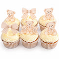 Neutral Teddy Bear Edible Cupcake Toppers, Gingham & Bows