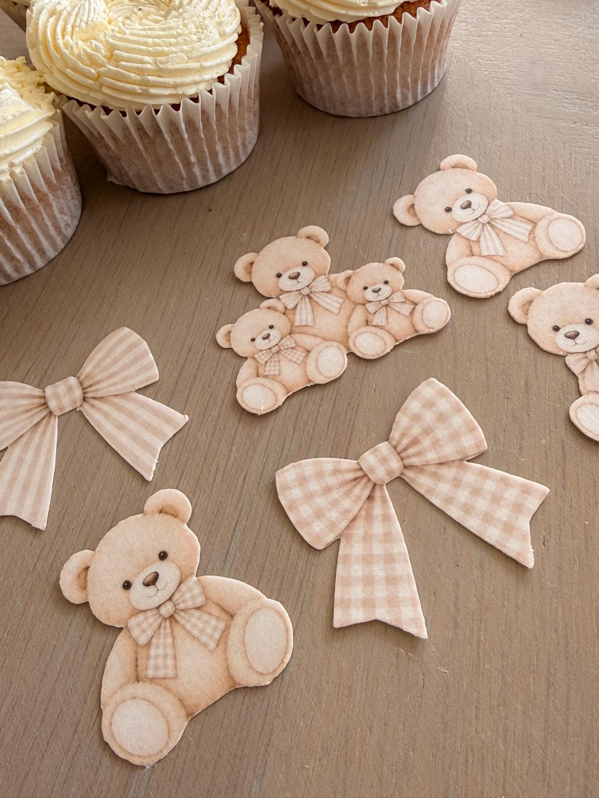 Neutral Teddy Bear Edible Cupcake Toppers, Gingham & Bows