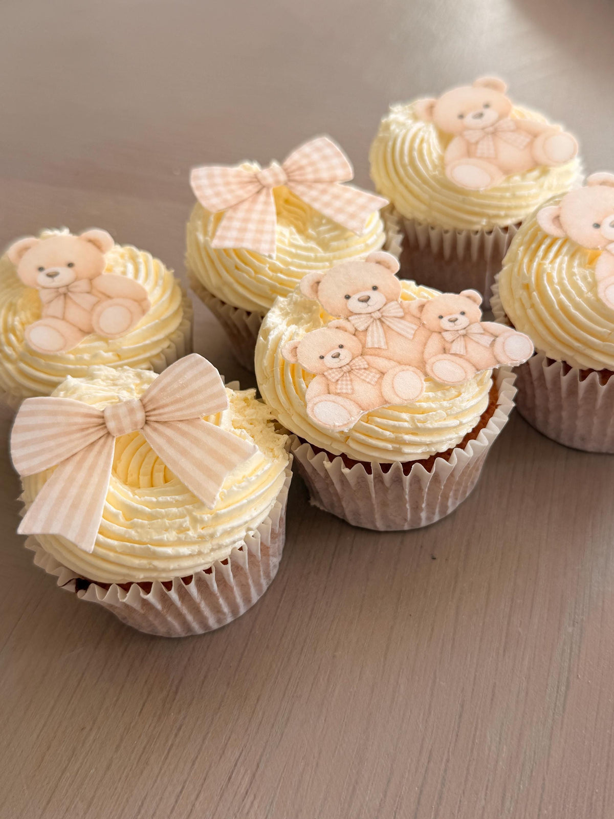 Neutral Teddy Bear Edible Cupcake Toppers, Gingham & Bows