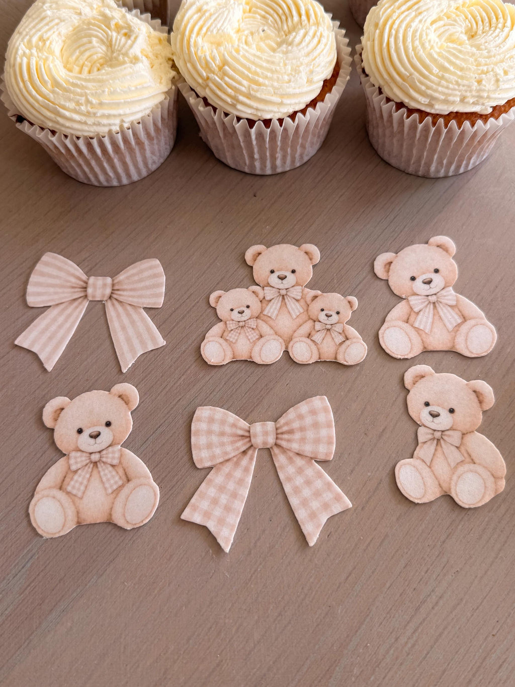 Neutral Teddy Bear Edible Cupcake Toppers, Gingham & Bows