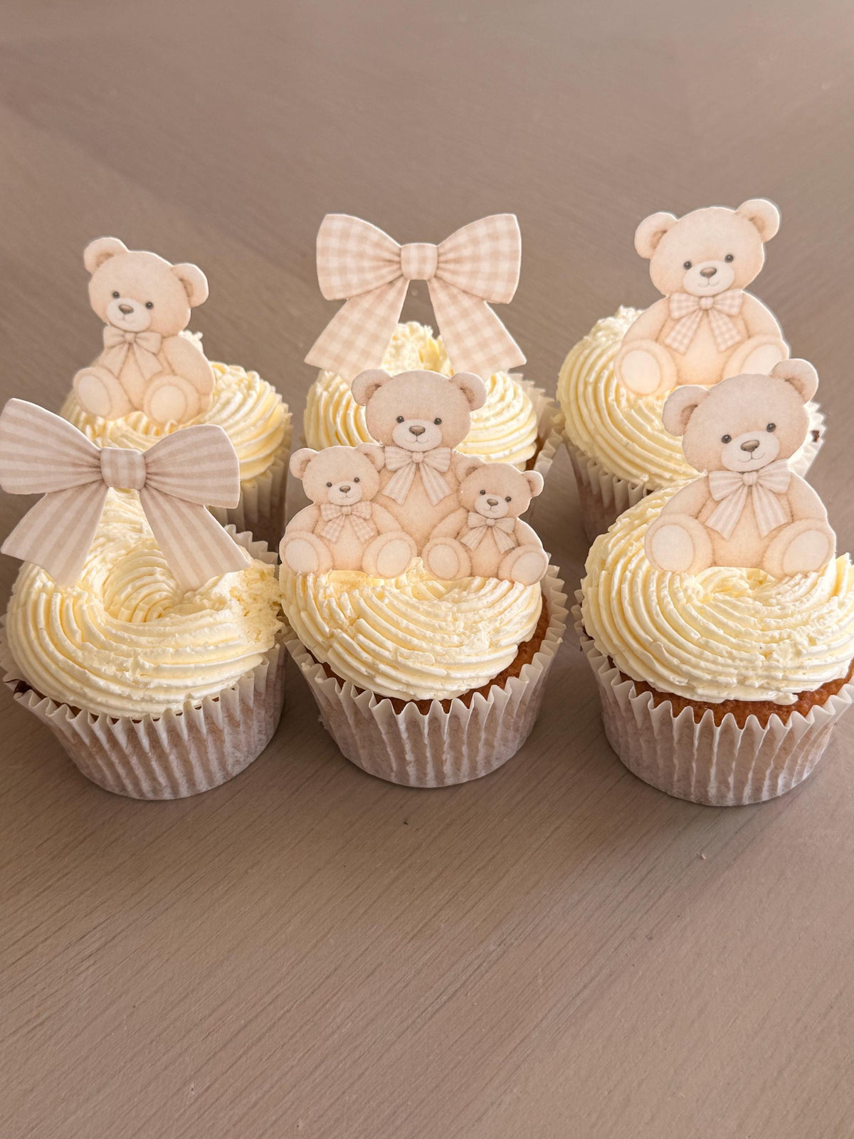 Neutral Teddy Bear Edible Cupcake Toppers, Gingham & Bows
