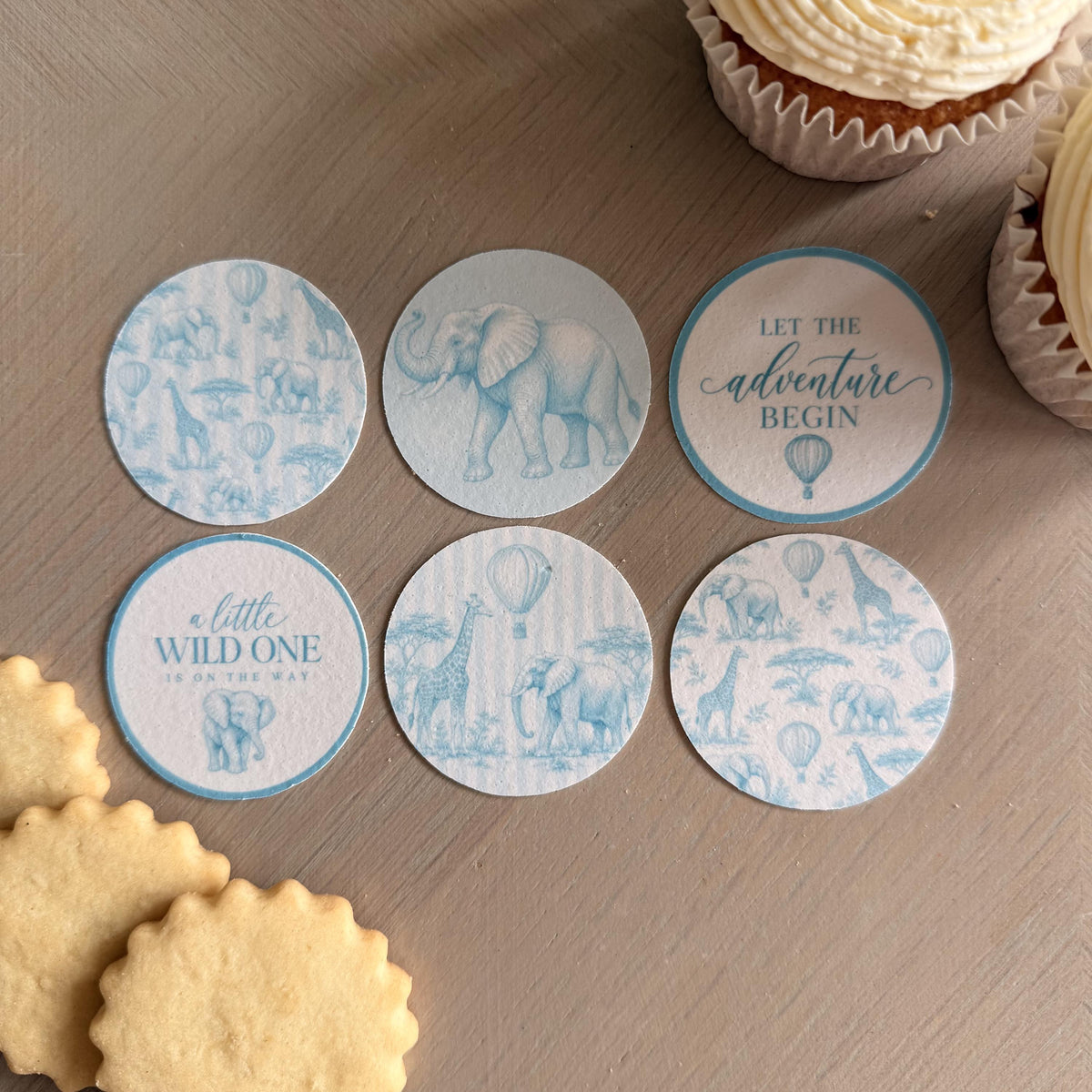 Blue Safari Baby Shower Edible Biscuit & Cupcake Toppers, 5cm