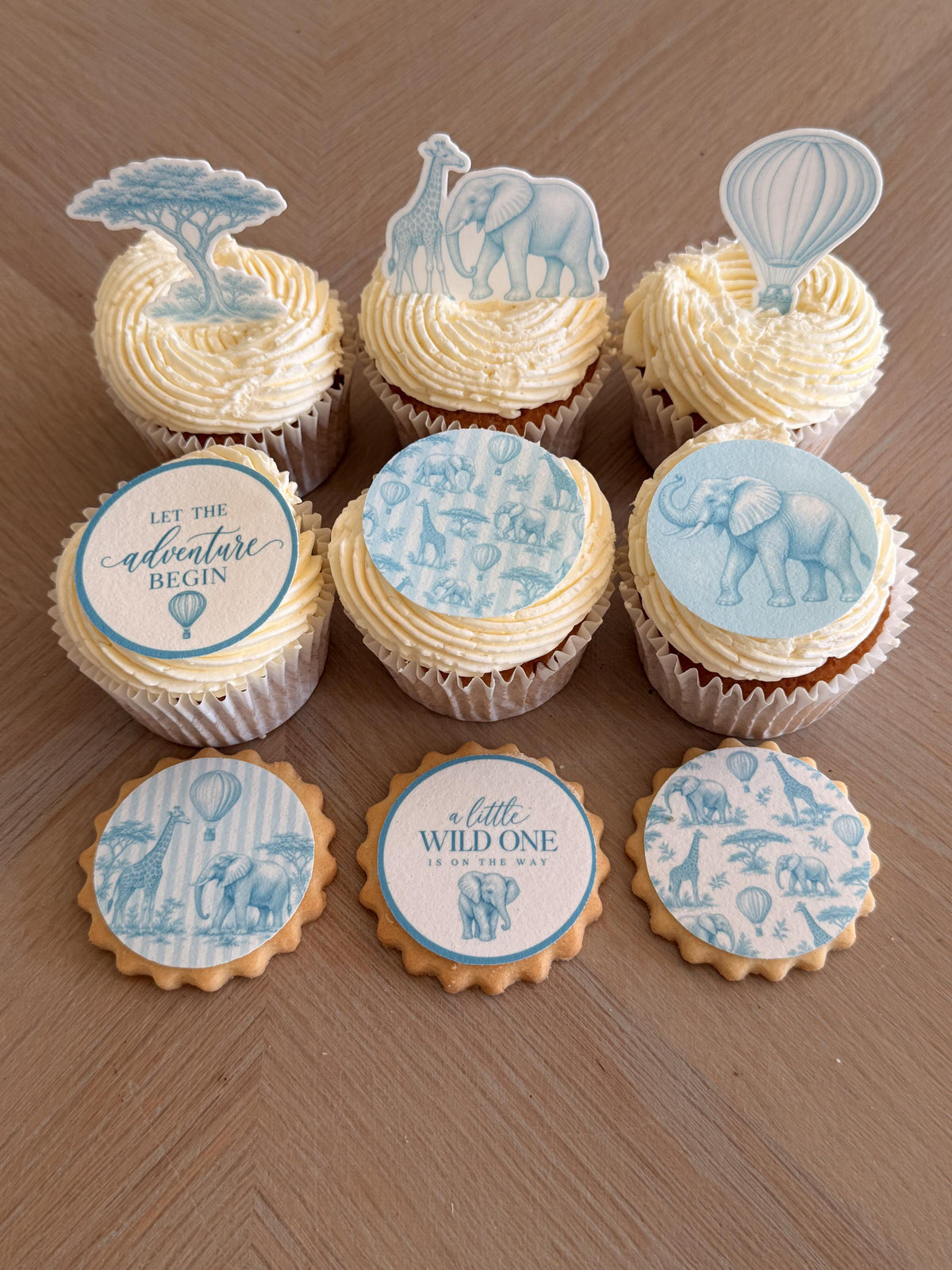 Blue Safari Baby Shower Edible Biscuit & Cupcake Toppers, 5cm
