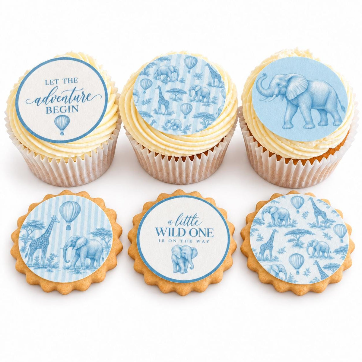 Blue Safari Baby Shower Edible Biscuit & Cupcake Toppers, 5cm
