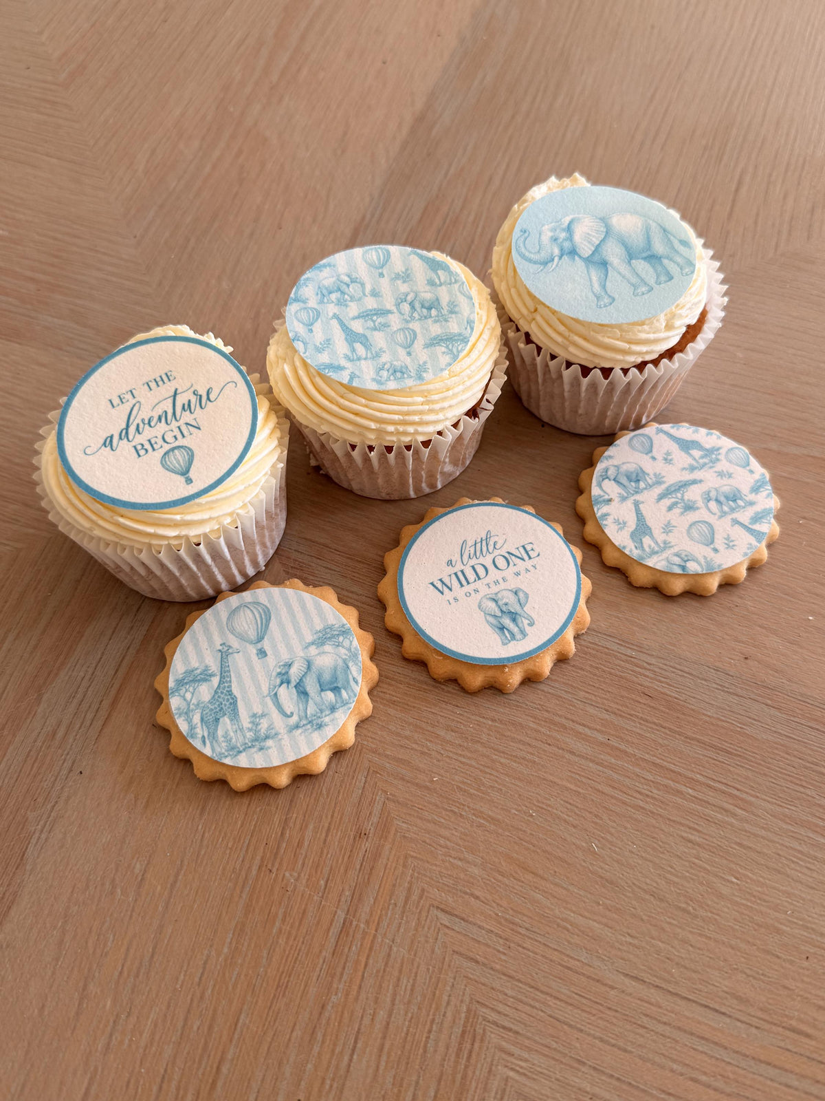 Blue Safari Baby Shower Edible Biscuit & Cupcake Toppers, 5cm